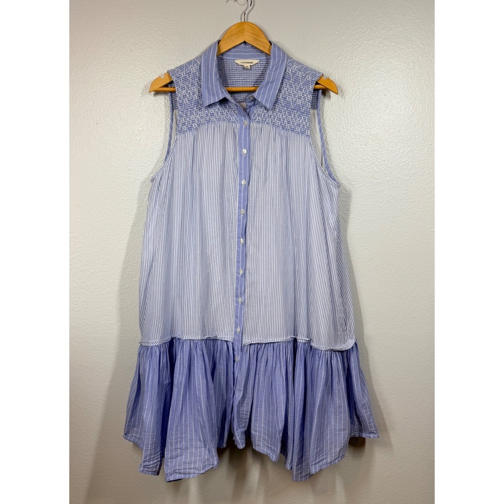Lucky Brand Shirt Dress Womens XL Blue Striped Smocked Ruffle Boho Tiered